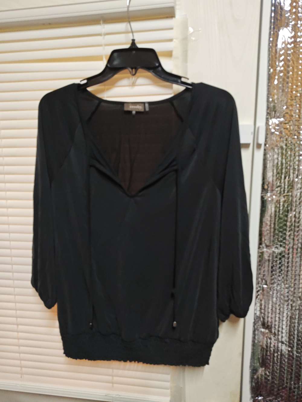 crosby. Black V-neck Blouse with Drawstring
